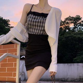 Plain Cropped Cardigan / Plaid Panel Spaghetti-strap Dress