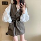 Faux-leather Long Vest With Sash / Long Shirt