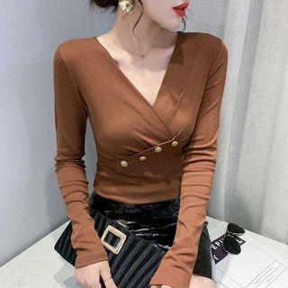 Long-sleeve V-neck Button-detail T-shirt