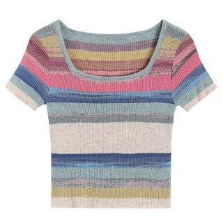 Short-sleeve Striped T-shirt Blue & Yellow & Red - One Size