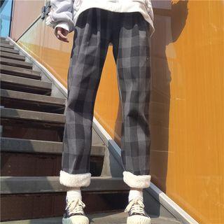 Plaid Fleeced Straight Cut Pants Plaid - Black - One Size