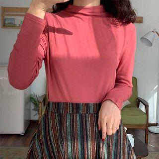 Long-sleeve Mock Neck Top Raspberry Red - One Size