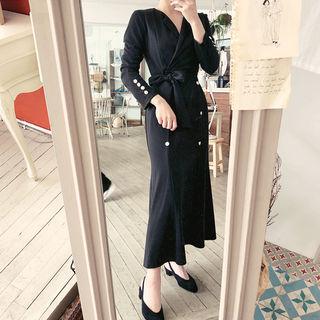 Button-detail Wrap-front Long Dress