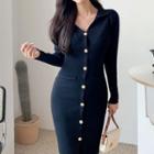 V-neck Knit Midi Sheath Dress Black - One Size