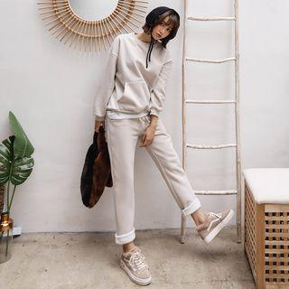 Set: Round-neck Cotton Pullover + Band-waist Pants