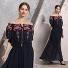 Floral Embroidered Elbow-sleeve Maxi Chiffon Dress