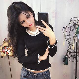 Cut Out Front Frill Hem Long Sleeve Knit Top