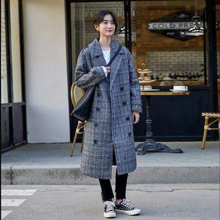 Plaid Woolen Notch Lapel Medium Maxi Jacket