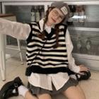 Long-sleeve Shirt / V-neck Striped Knit Vest