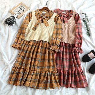 Long-sleeve Plaid Mermaid Dress / Cropped Knit Vest