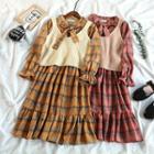 Long-sleeve Plaid Mermaid Dress / Cropped Knit Vest