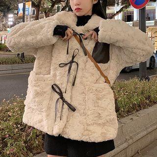 Ribbon Fleece Buttoned Jacket Beige - One Size