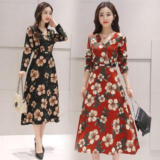 V-neck Floral Print Wrapped Midi Dress