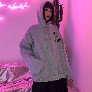 Lettering Fleece-lined Hoodie Gray - One Size