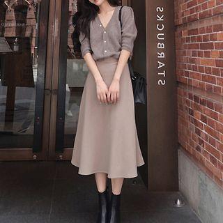 Set: V-neck Plain Cardigan + Plain A-line Skirt