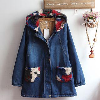 Set: Bow Accent Blouse + Pocketed Hooded Denim Jacket