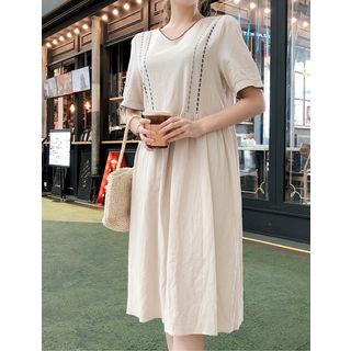 V-neck Embroidered Dress Beige - One Size