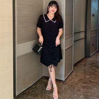 Short-sleeve Beaded V-neck Drawstring Ruched Dress