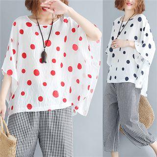Elbow-sleeve Batwing Polka Dot Top