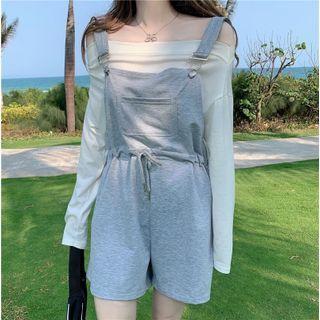Long-sleeve Off-shoulder T-shirt / Drawstring-waist Jumper Shorts