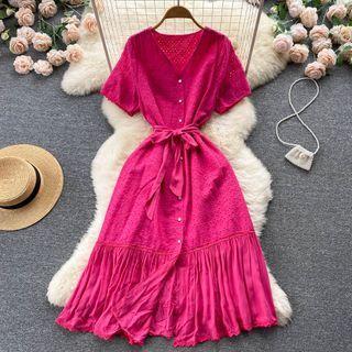 Short-sleeve V-neck Cutout Lace Dress