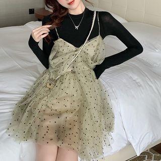 Spaghetti Strap Dotted Mini A-line Dress / Long-sleeve T-shirt