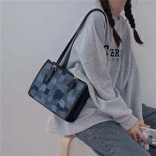 Paneled Shoulder Bag Floral - Blue & Gray - One Size