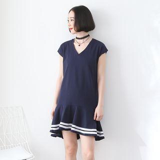 Striped Cap Sleeve V-neck Dress
