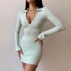 Plain V-neck Long Sleeve Sheath Mini Dress