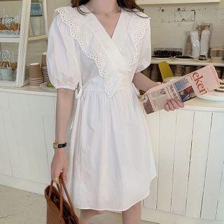 Eyelet Trim Puff-sleeve Mini A-line Dress