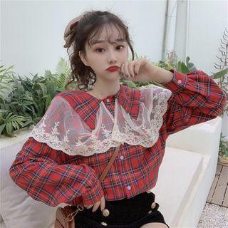 Lace Trim Plaid Long Sleeve Blouse