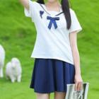 Set: Short Sleeve Sailor Collar T-shirt + Mini Skirt