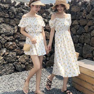Floral Print Off Shoulder Short Sleeve Playsuit / Midi Dress