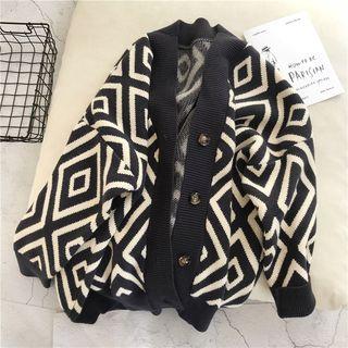 V-neck Patterned Cardigan Dark Blue - One Size