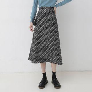 Plaid Midi A-line Wool Skirt