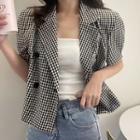Puff-sleeve Double Breasted Plaid Blazer Black - One Size
