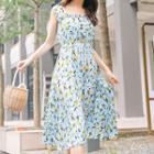 Floral Sleeveless Midi A-line Dress Light Blue - One Size