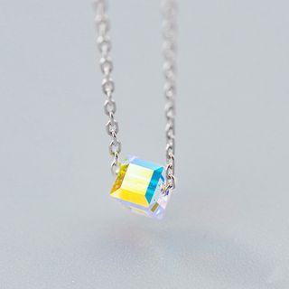 925 Sterling Silver Cubic Rhinestone Pendant Necklace S925 Silver - Cube - Yellow & Blue - One Size