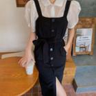 Puff-sleeve Blouse / Tie-waist Button Midi Pinafore Dress