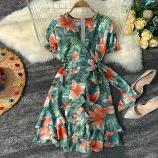 Short-sleeve Floral Print Ruffle-trim Mini A-line Dress