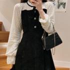 Mock Two-piece Puff-sleeve Ruffled Velvet Dress