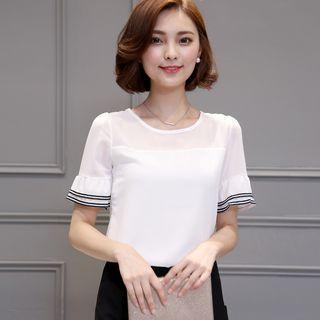 Short-sleeve Bell-sleeve Loose-fit Crewneck Chiffon Plain Top