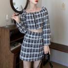 Long-sleeve Tweed Square-neck Cropped Top / A-line Tweed Mini Skirt