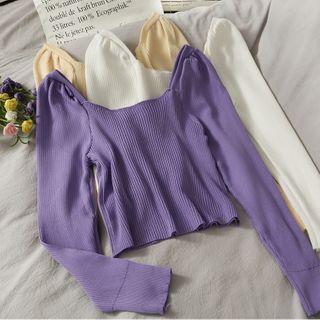 Square-neck Plain Striped Knit Top