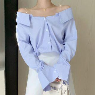 Off-shoulder Long-sleeve Plain Shirt / Plain Mini A-line Skirt