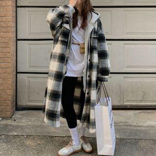 Plaid Hooded Long Coat Plaid - Black & White - One Size