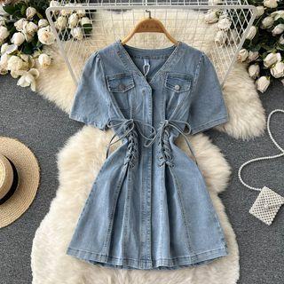 Short-sleeve V-neck Lace-up Strap Denim Dress