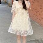 Short-sleeve Lace Midi A-line Dress Beige - One Size