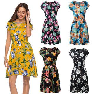 Cap-sleeve Floral Print Short A-line Dress