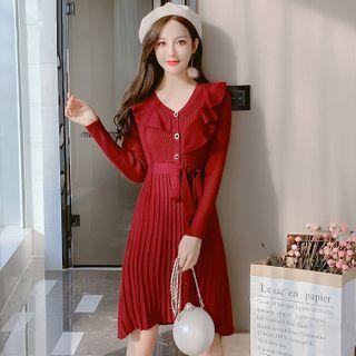 Ruffle Trim Tie-waist Knit Midi A-line Dress
